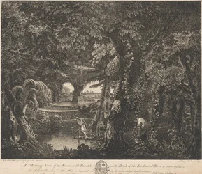 Eine Morgenszene im Wald mit Rinaldo am Ufer des verzauberten Flusses